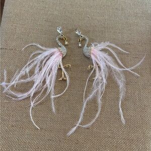 Rhinestone Flamingo Feather Drop Earrings Crystal Accents